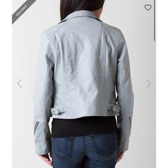 BKE Asymmetrical Zip Front Faux‎ Leather Jacket - Light Gray - Zipper Sleeve - M - Picture 2 of 15